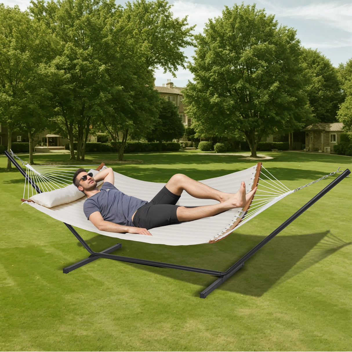 VEVOR Double Quilted Fabric Hammock Two Person Hammock with Stand 480lb Capacity-6