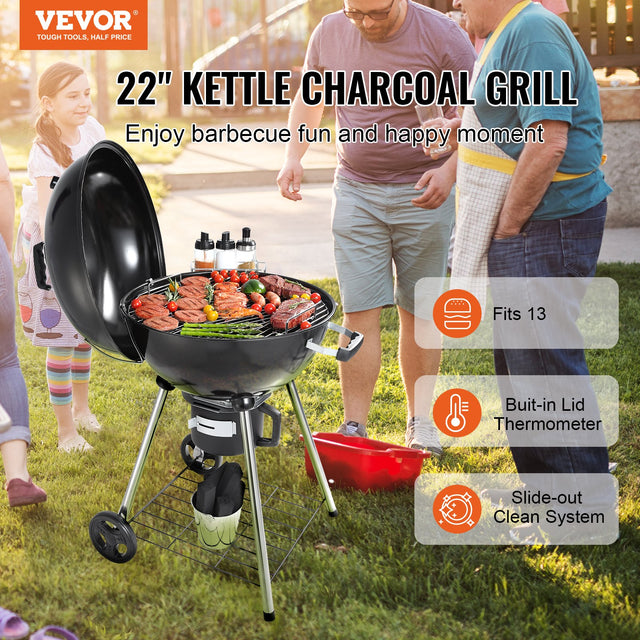 VEVOR 22" Kettle Charcoal Grill, Premium Kettle Grill with Wheels Grate and Cover, Porcelain-Enameled Lid and Firebowl with Slide Out Ash Catcher Thermometer for BBQ, Camping, Picnic, Patio and Backyard-0