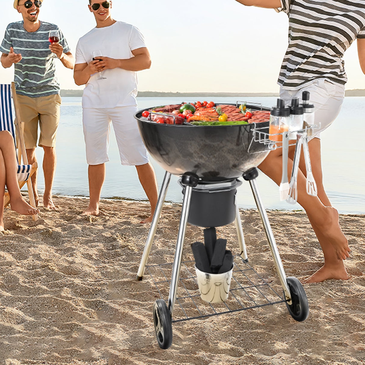 VEVOR 22" Kettle Charcoal Grill, Premium Kettle Grill with Wheels Grate and Cover, Porcelain-Enameled Lid and Firebowl with Slide Out Ash Catcher Thermometer for BBQ, Camping, Picnic, Patio and Backyard-6